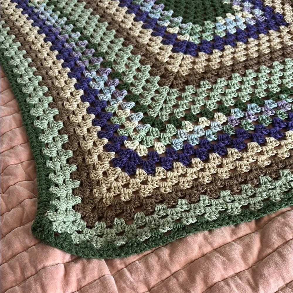 Throw blanket, granny square green purple brown, 45” x 55”